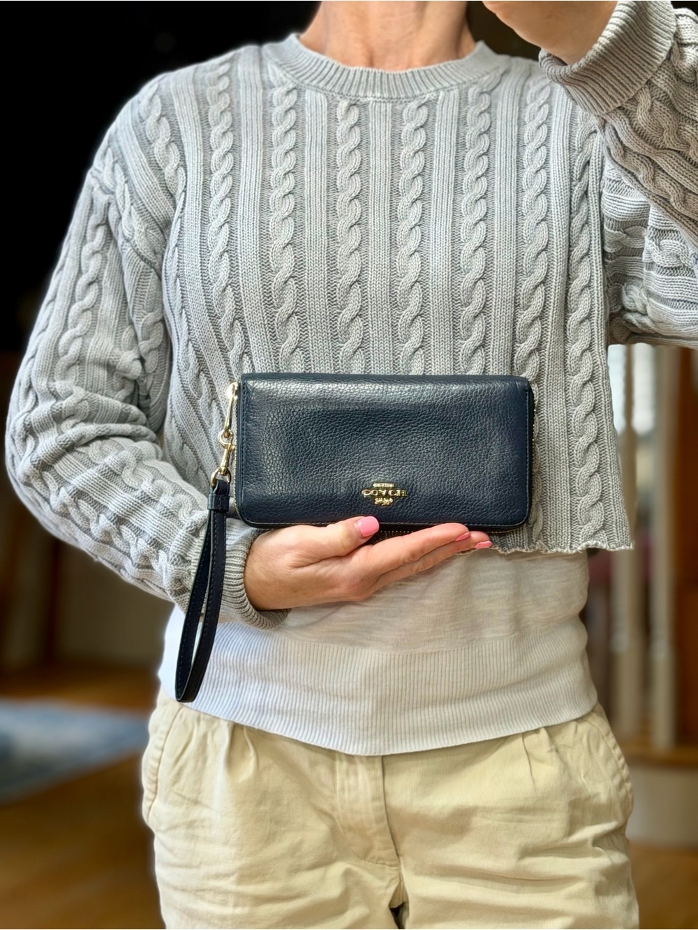 Coach Navy Blue Leather Zip Wristlet Wallet with Gold Logo